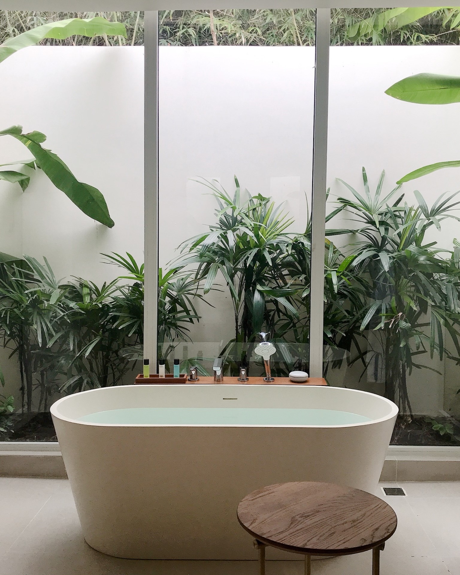 Bồn tắm DR02 bên khung cửa sổ lớn với cây xanh và ánh sáng tự nhiên