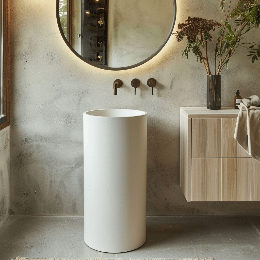 Lavabo đứng DRL08 bằng đá nhân tạo solid surface màu trắng mờ, thiết kế trụ trònf