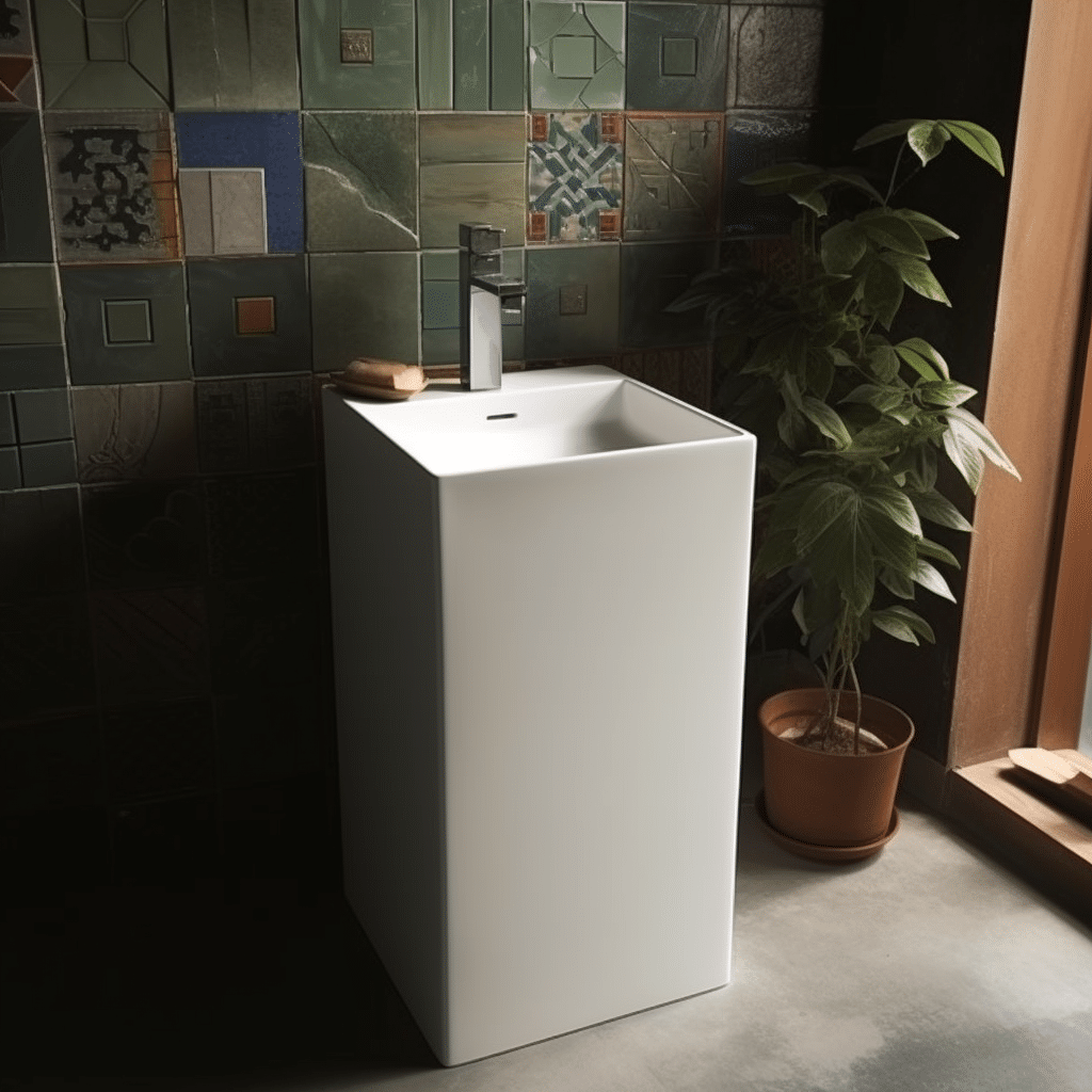 Lavabo đứng DRL26 bằng đá nhân tạo trắng mờ đặt trong phòng tắm hiện đại