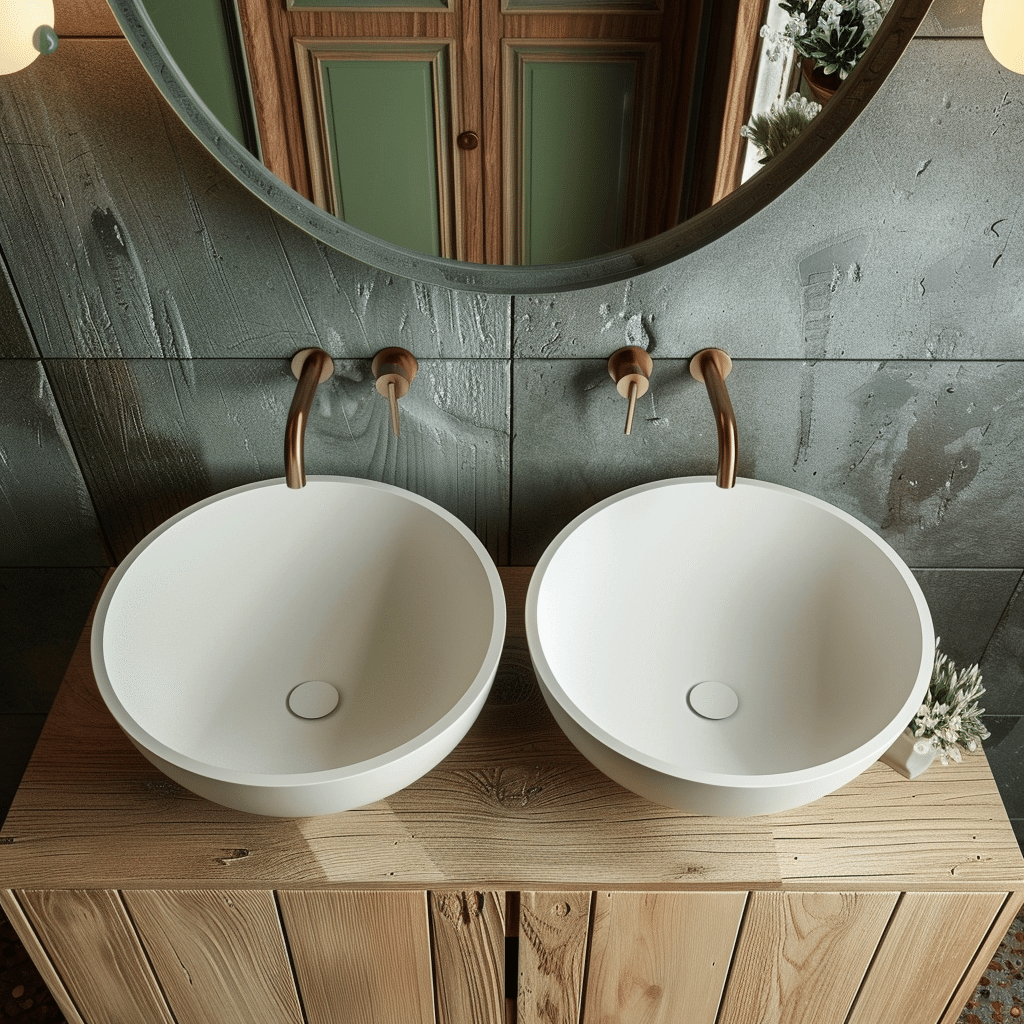 Chậu lavabo đôi DRS113 đá nhân tạo trắng mờ, thiết kế tròn để bàn cao cấp