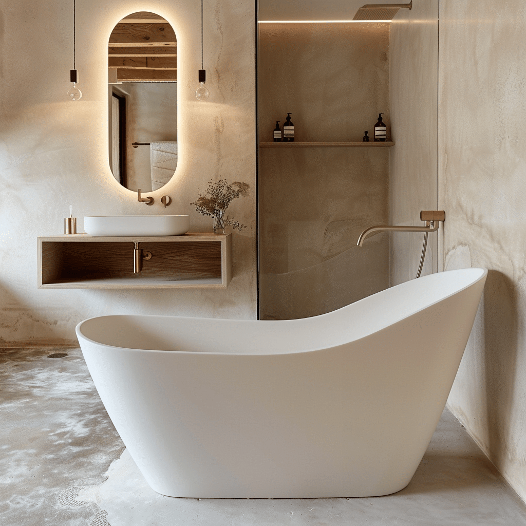 Bồn tắm cao cấp solid surface trắng đặt trong phòng tắm tông be hiện đại, ánh sáng dịu nhẹ